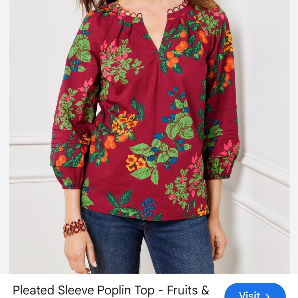 Talbots Red Berry Floral V-Neck Blouse with Sleeve Details - Picture 2 of 8